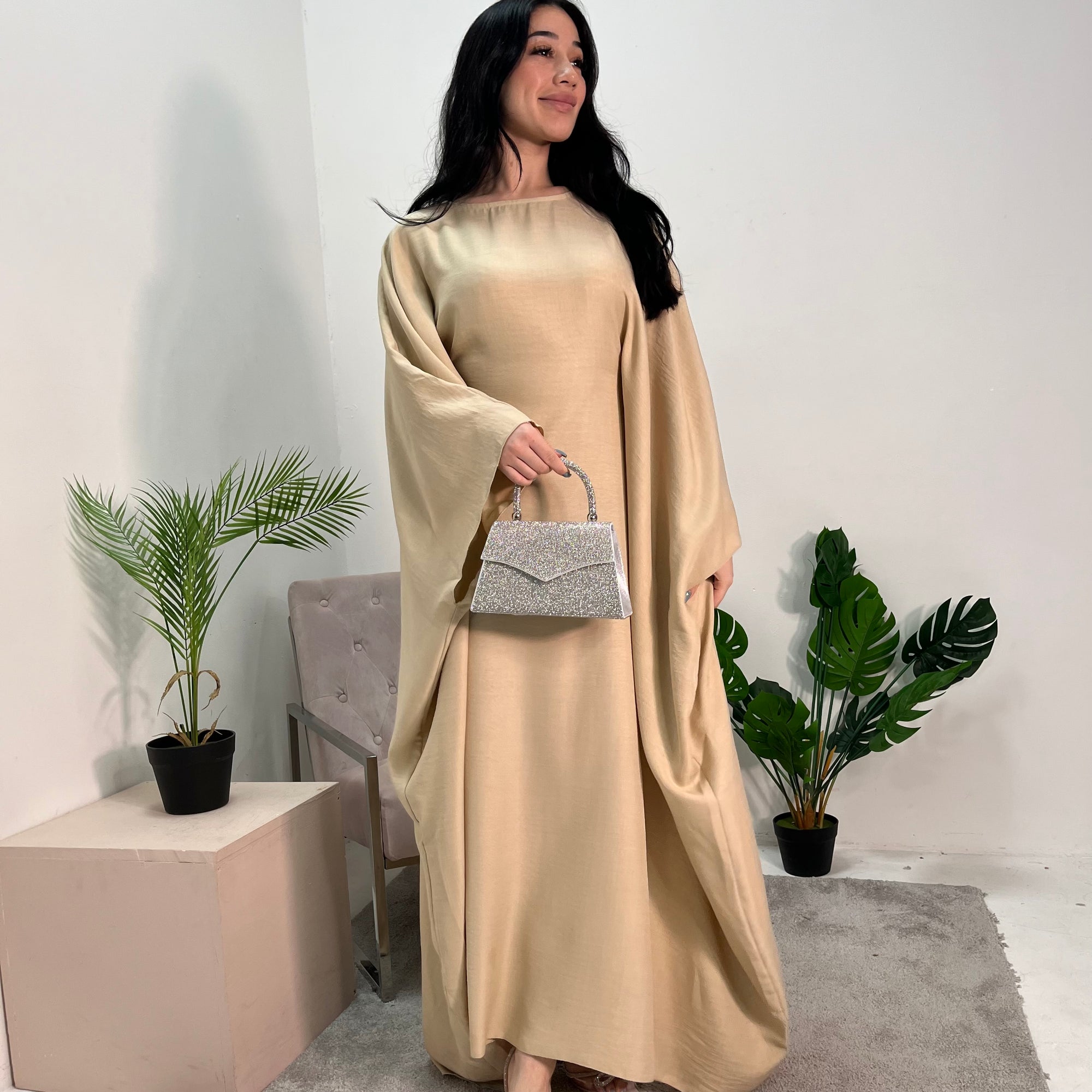 Farah Beige Basic Tie Kaftan Dress