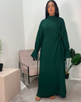 Rida Emerald Green Linen Plain High Neck Dress