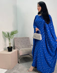 Amara Royal Blue Leaf Print Elasticated Waist Kaftan Dress