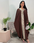 Arooj Chocolate Sequin Trim V Neck Kaftan Abaya Dress