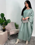 Safiya Mint Batwing Cape Fur Sleeve Satin Modest Kaftan Dress