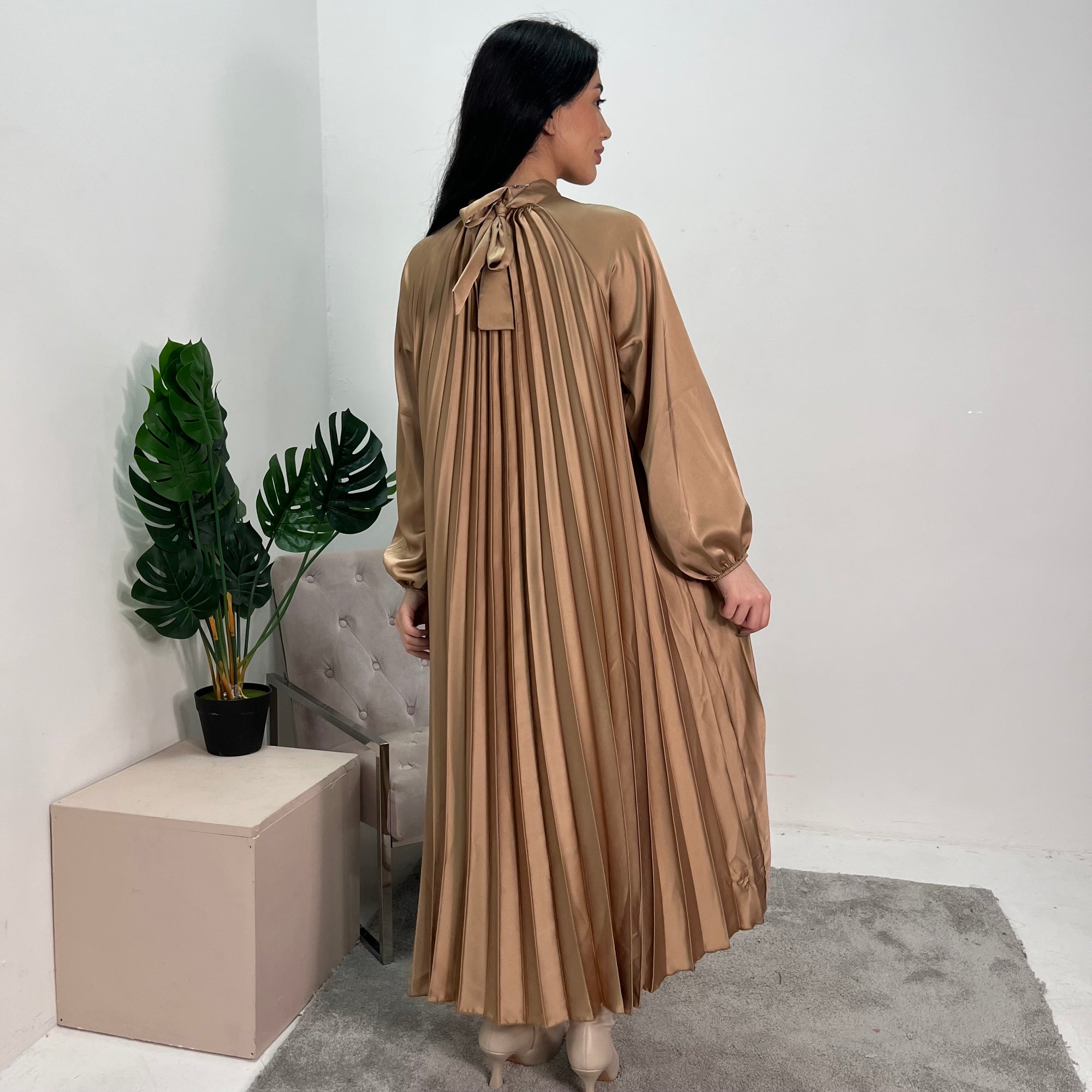 Reha Bronze Pleated Long Satin Dress