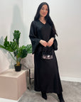 Fiza Black V-neck Fitted Flare Sleeve Satin Dress