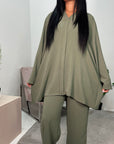 Mona Khaki V-Neck Oversized Fit Trouser Co-ord Set