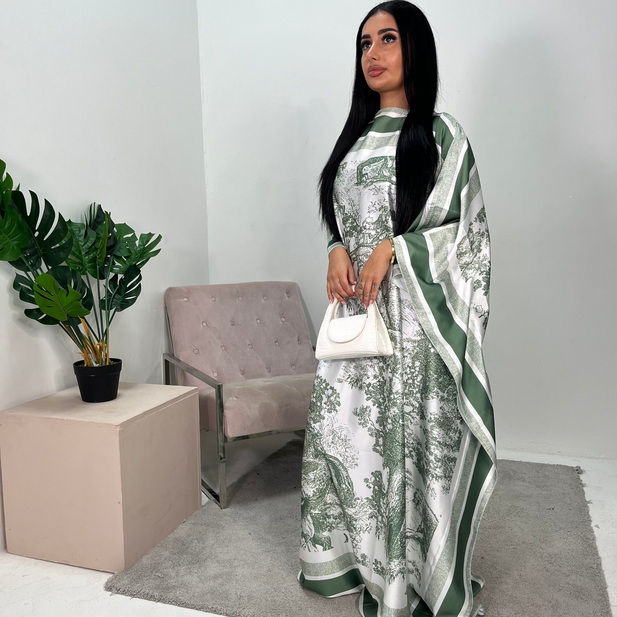 Saniyah Green Floral Slit Sleeve Kaftan Dress