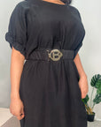 Gauri Black Puff Sleeve Side Split Belted Dress