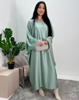 Safiya Mint Batwing Cape Fur Sleeve Satin Modest Kaftan Dress