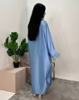 Safiya Blue Batwing Cape Fur Sleeve Satin Modest Kaftan Dress