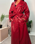 Halaya Wine PU Belted Trench Coat