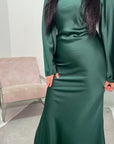 Sibel Emerald Green Premium Satin Diamante Tie Back Dress