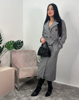 Aalis Grey Button Lapel Waist Tie Woollen Coat