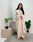 Bella Beige V Neck Diamante Trim Modest Wear Abaya Dress