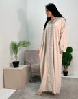 Bella Beige V Neck Diamante Trim Modest Wear Abaya Dress