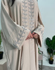 Bella Beige V Neck Diamante Trim Modest Wear Abaya Dress