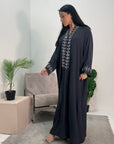 Bella Charcoal V Neck Diamante Trim Modest Wear Abaya Dress