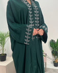 Bella Emerald Green V Neck Diamante Trim Modest Wear Abaya Dress