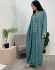 Bella Aqua V Neck Diamante Trim Modest Wear Abaya Dress