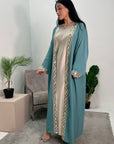 Arianna Aqua Sequin Trim Modest Abaya Kimono Jacket