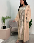 Arianna Beige Sequin Trim Modest Abaya Kimono Jacket