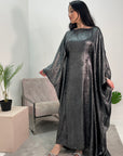 Rabia Charcoal Metallic Elasticated Batwing Kaftan Dress