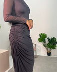 Vana Charcoal Plain Side Ruched Mesh Dress