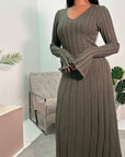 Diya Khaki V Neck Ribbed Tie Back Knitted Dress