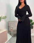 Diya Black V Neck Ribbed Tie Back Knitted Dress