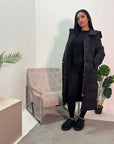 Ajla Black Premium Belted With Hood Puffer Long Jacket Coat