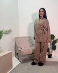 Fina Mocha Soft Ribbed V Neck Side Tie Co ord Set