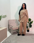 Fina Beige Soft Ribbed V Neck Side Tie Co ord Set