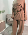 Fina Beige Soft Ribbed V Neck Side Tie Co ord Set