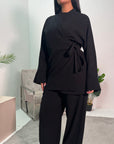 Fina Black Soft Ribbed V Neck Side Tie Co ord Set