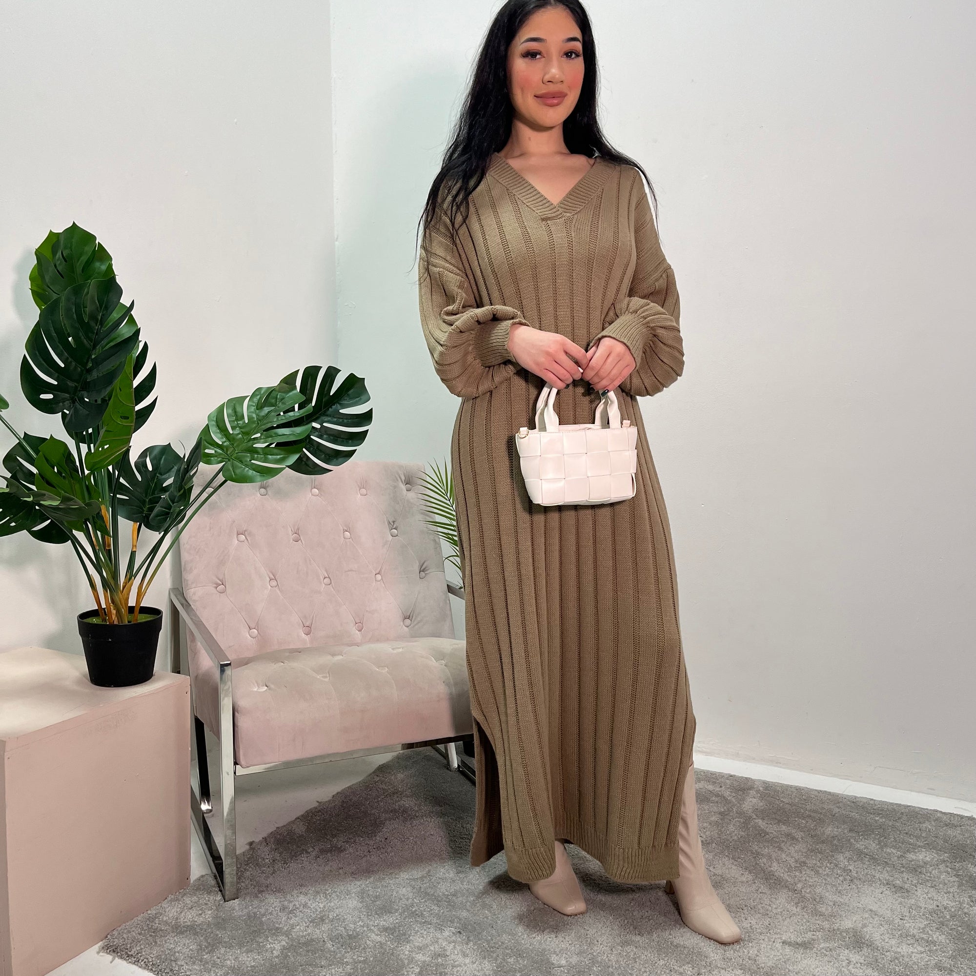 Mari Mocha V Neck Knit Sweater Dress