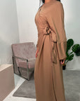 Levani Camel Wrap Tie Modes Dress