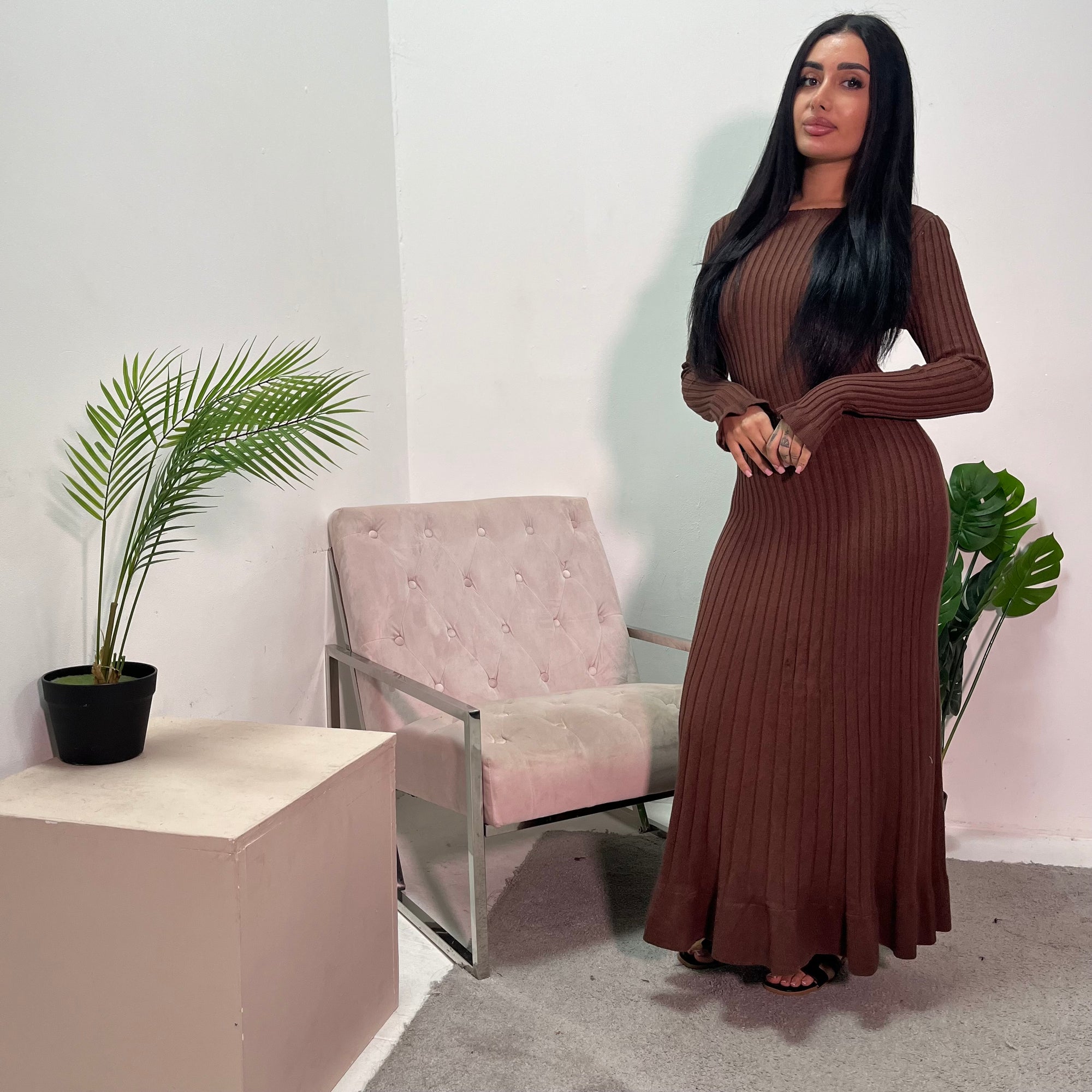 Luna Chocolate Knitted Ribbed Maxi Dress