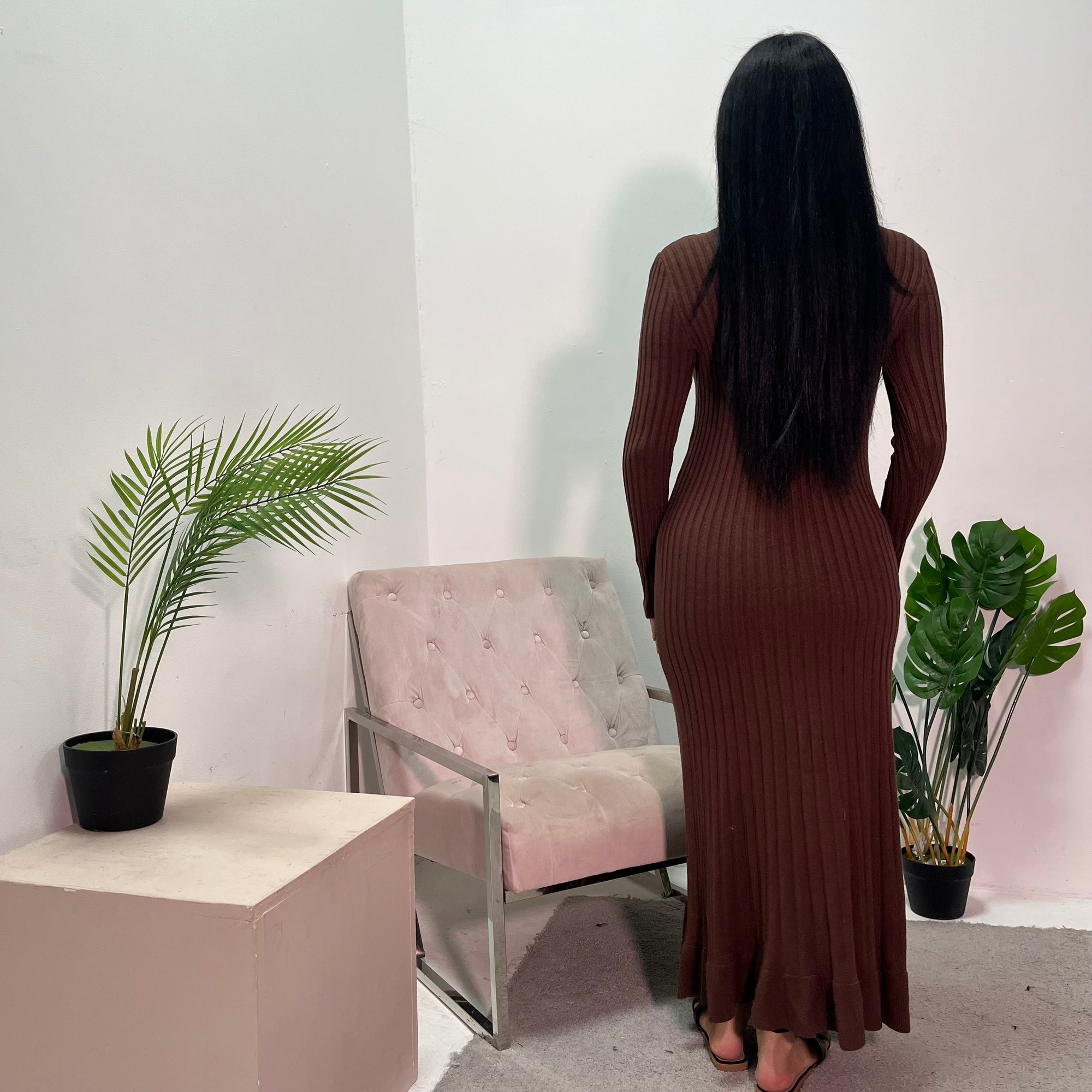 Luna Chocolate Knitted Ribbed Maxi Dress