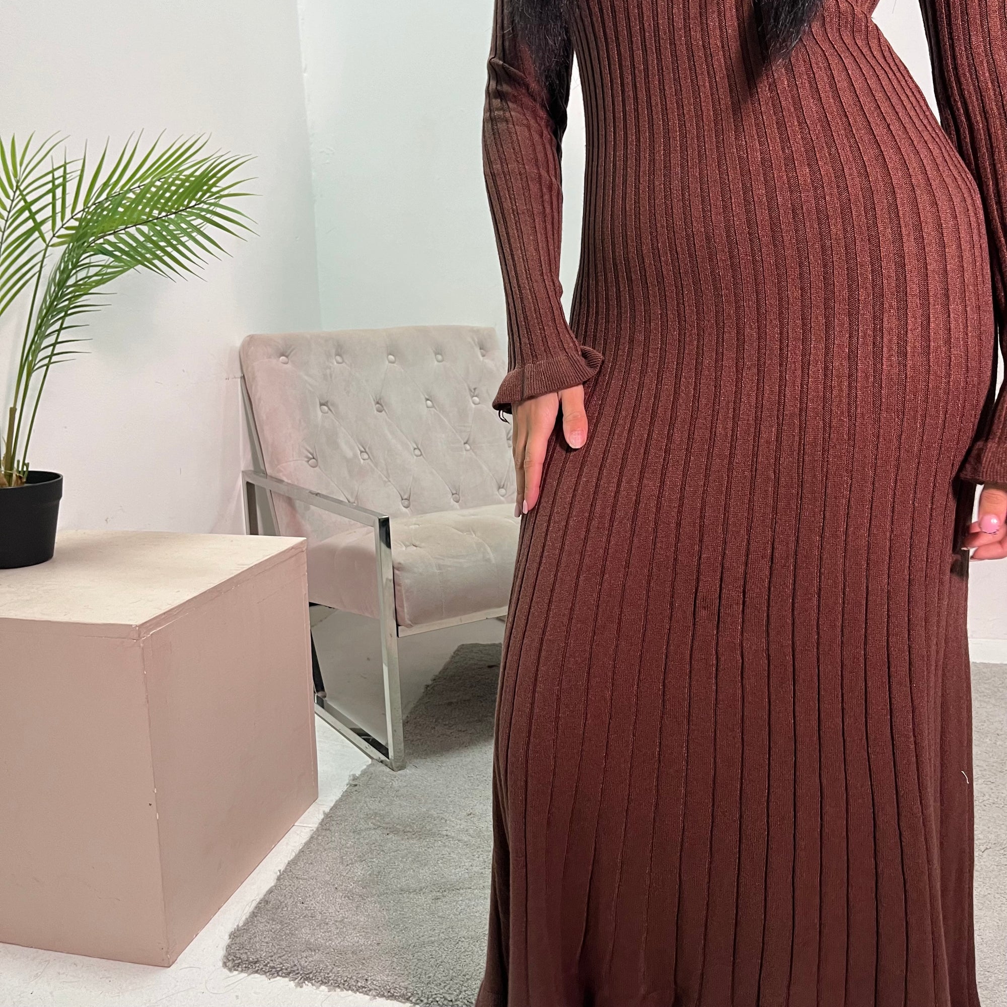 Luna Chocolate Knitted Ribbed Maxi Dress