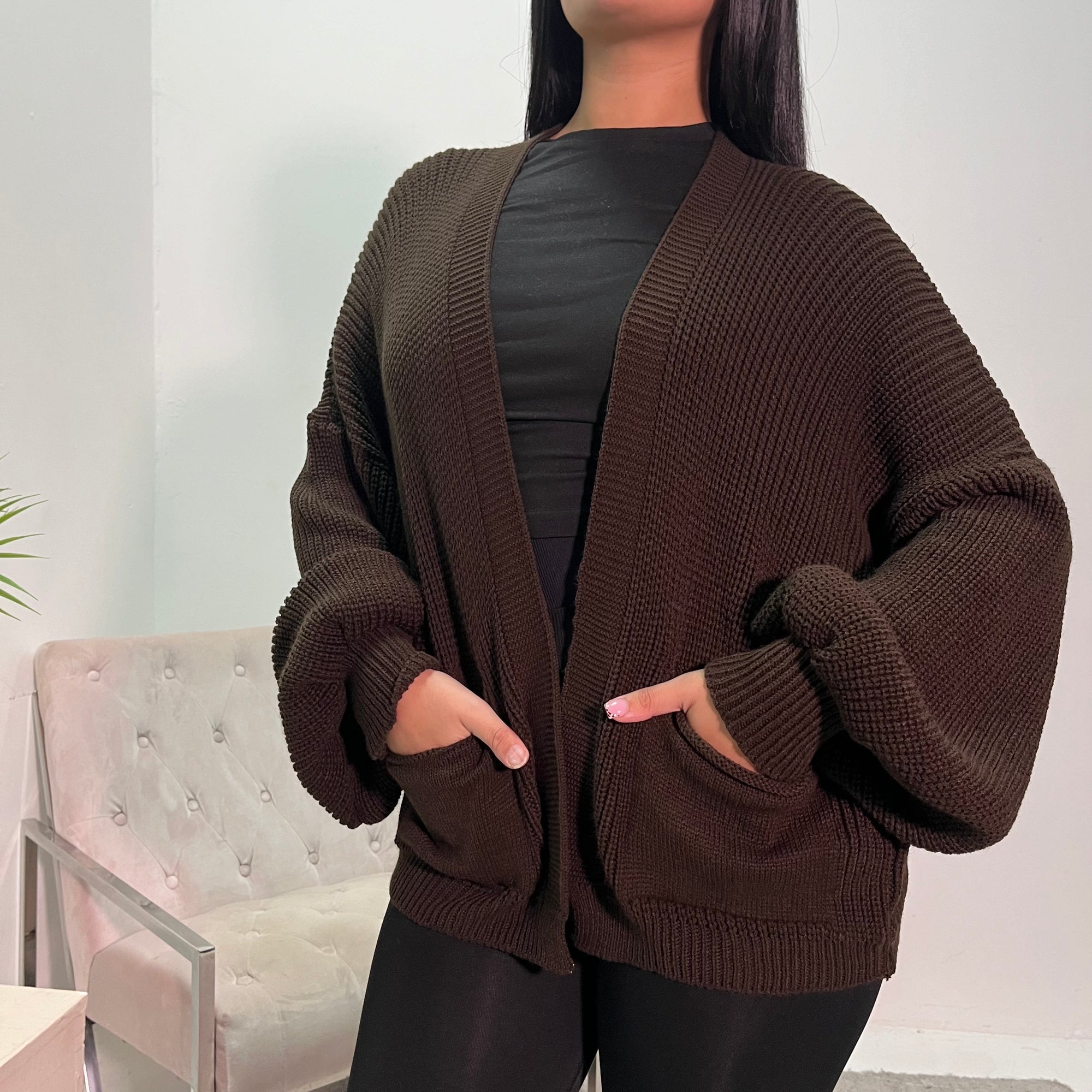 Nova Chocolate Balloon Sleeve Short Pocket Cardigan