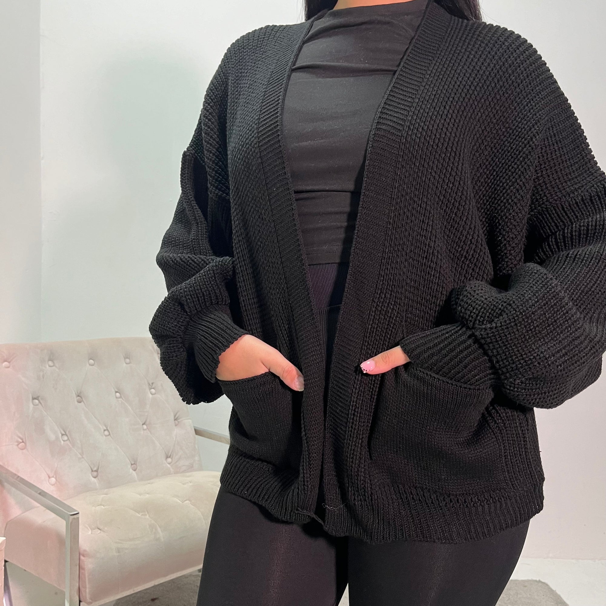 Nova Black Balloon Sleeve Short Pocket Cardigan