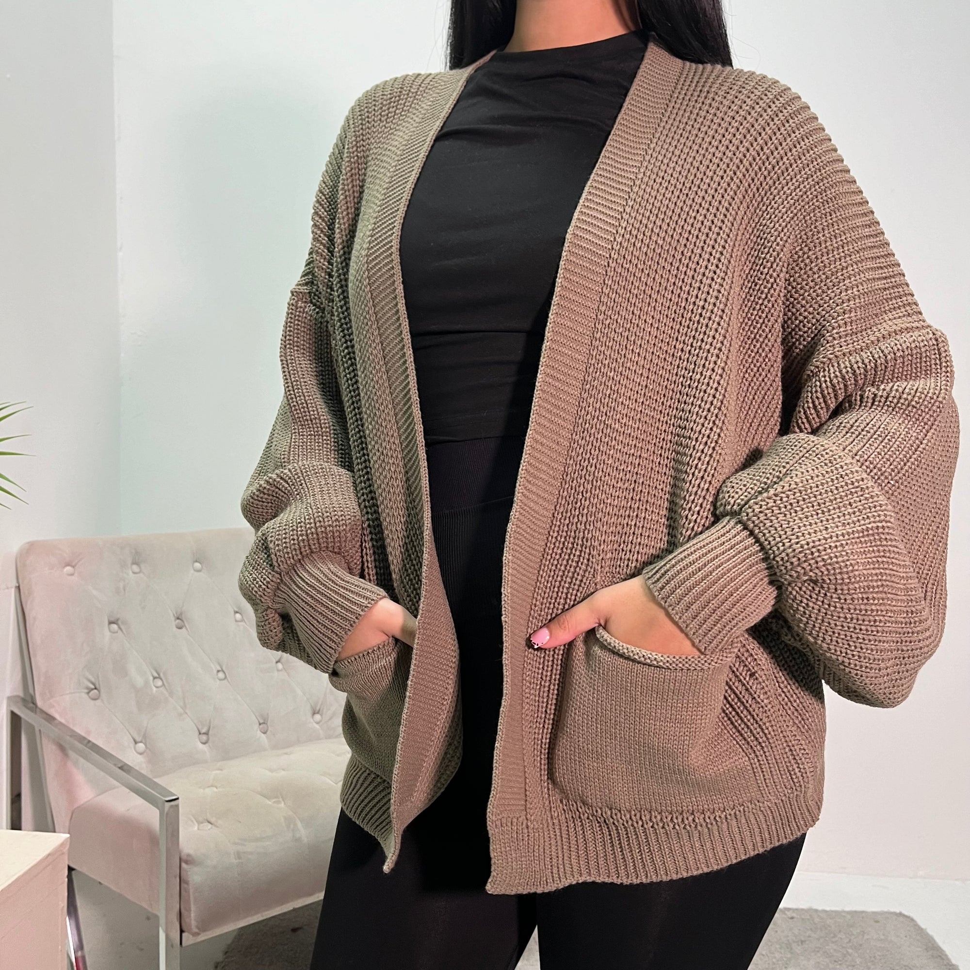 Nova Mocha Balloon Sleeve Short Pocket Cardigan