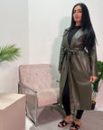 Taya Khaki PU Faux Leather Trench Coat