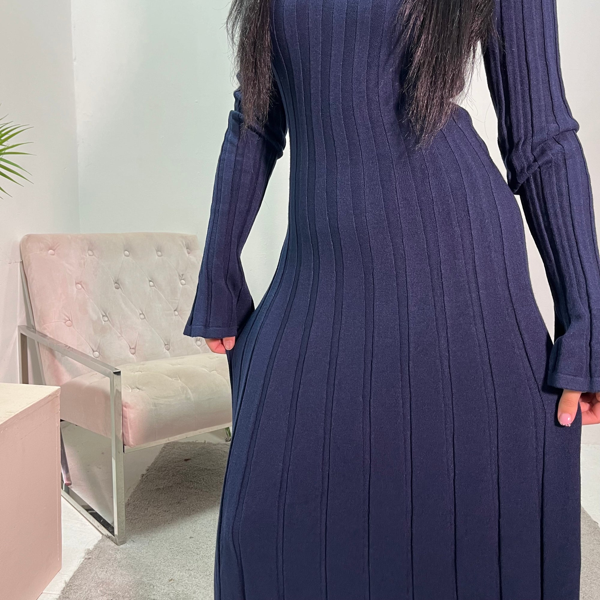 Diya Navy V Neck Ribbed Tie Back Knitted Dress