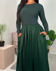 Nora Emerald Green Flared Long Sleeve Ribbed Top Dress