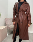 Taya Chocolate PU Faux Leather Trench Coat