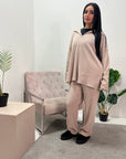 Cassia Beige Soft Ribbed V Collar Trouser Co ord Set