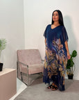 Heba Navy Floral Silk Kaftan Dress