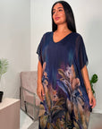 Heba Navy Floral Silk Kaftan Dress