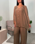 Pearla Mocha Plain Premium Silk 3 pcs Trouser Co Ord Set