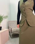 Dani Khaki Modest Waistcoat And Skirt Co ord Set