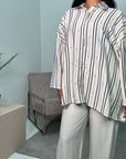 Svana Navy & Cream Linen Stripe Shirt & Trouser Co ord Set